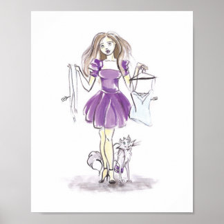 Poster Illustration de mode Shopping Fille Chat Aquarelle