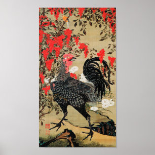 Poster Illustration de Nandina et Rooster par Ito Jakuchu