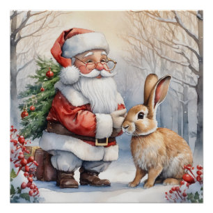 Poster Illustration de Noël Père Noël et Bunny Nature