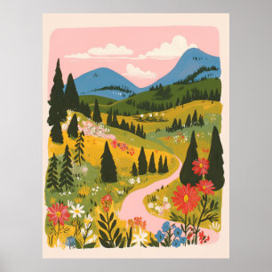 Poster Illustration de paysage montagneux floral bohème