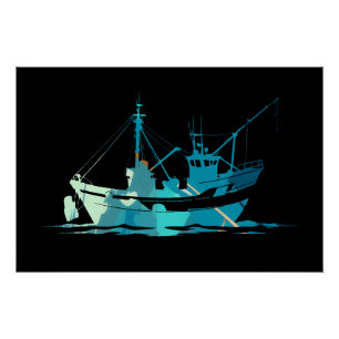 Poster Illustration de pêche en bateau Style Silhouette