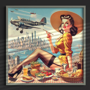 Poster Illustration de pin-up d'avion rétro