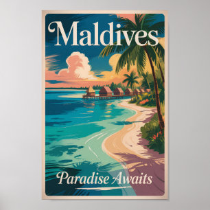 Poster Illustration de plage aux Maldives Art de voyage v