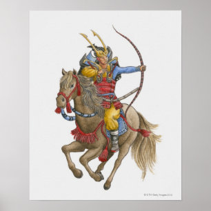 Poster Illustration de Samurai sur l'arc à cheval