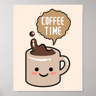 Poster illustration de tasse de café kawaii à l'heure du 