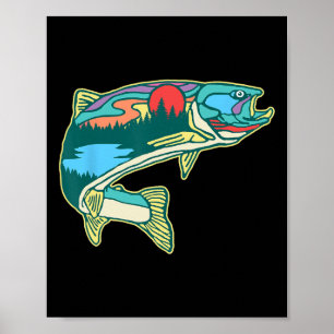 Poster Illustration de truite de nature pêche à la mouche