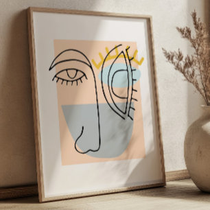 Poster Illustration de visage d'art de ligne cubique mini