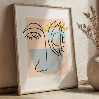 Poster Illustration de visage d'art de ligne cubique mini
