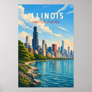 Poster Illustration de voyage d'art vintage de l'Illinois