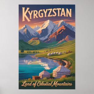 Poster Illustration de voyage de montagnes du Kirghizista