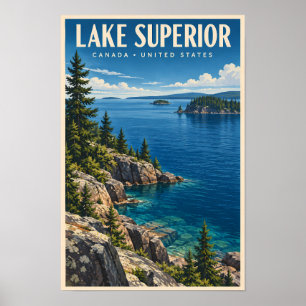Poster Illustration de voyage du lac Supérieur Art vintag