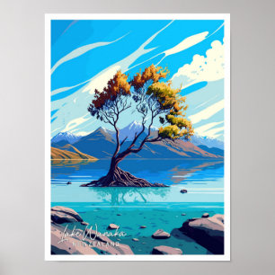 Poster Illustration de voyage du lac Wanaka en Nouvelle-Z