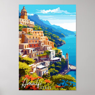 Poster Illustration de voyage vintage Amalfi Italie
