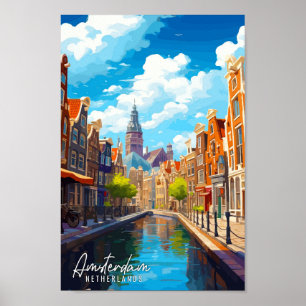 Poster Illustration de voyage vintage d'Amsterdam Pays-Ba