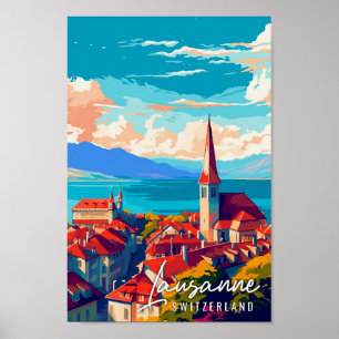 Poster Illustration de voyage vintage Lausanne Suisse