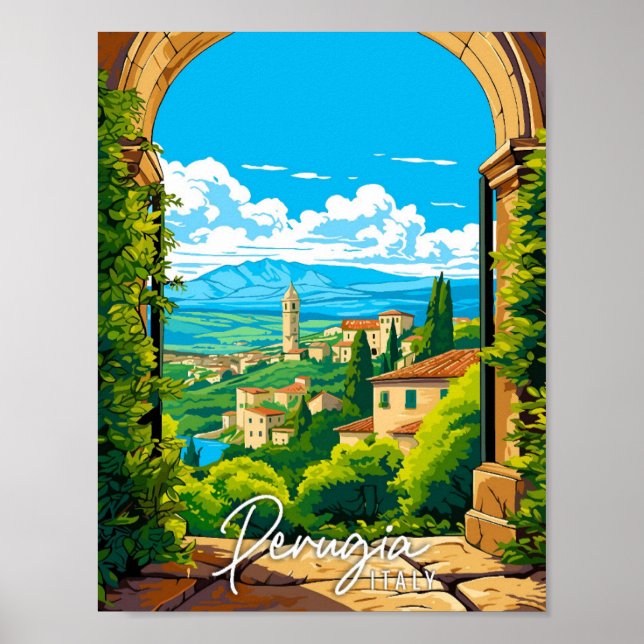 Poster Illustration de voyage vintage Perugia Italie (Devant)