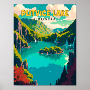 Poster Illustration de voyage vintage Plitvice Lake Croat
