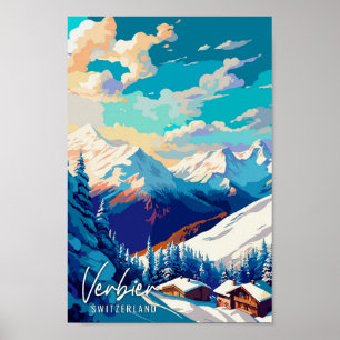 Poster Illustration de voyage vintage Verbier Suisse