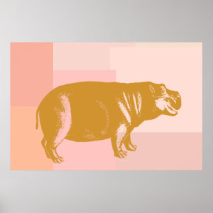 Poster Illustration d'hippopotame mignon en rose et or