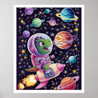 Poster Illustration Dinosaure naviguant dans l'Espace