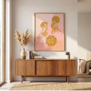 Poster Illustration d'océan vintage de méduse rose et or