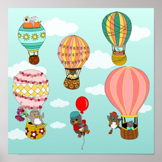 Poster Illustration d'oiseaux Whimsical dans des ballons  (Devant)