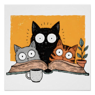 Poster Illustration drôle de chats en lecture