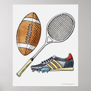 Poster Illustration du ballon de rugby, de la raquette de