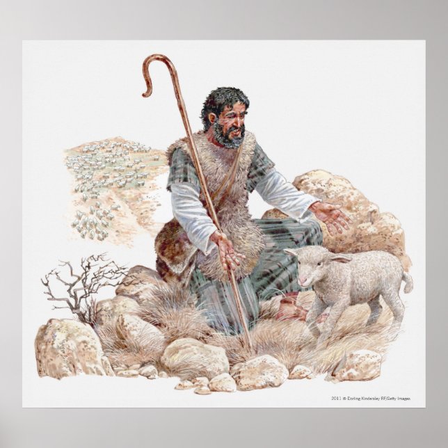 Poster Illustration du berger qui trouve son mouton perdu (Devant)
