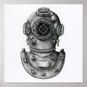 Poster Illustration du casque de plongée vintage