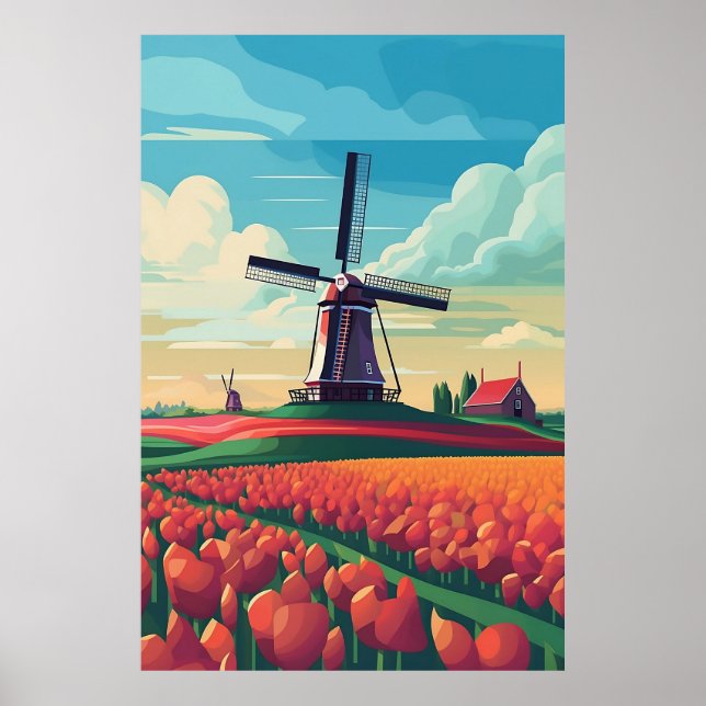 Poster Illustration du champ de la tulipe de moulin Pays- (Devant)