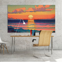 Illustration du coucher de soleil de l'océan rétro