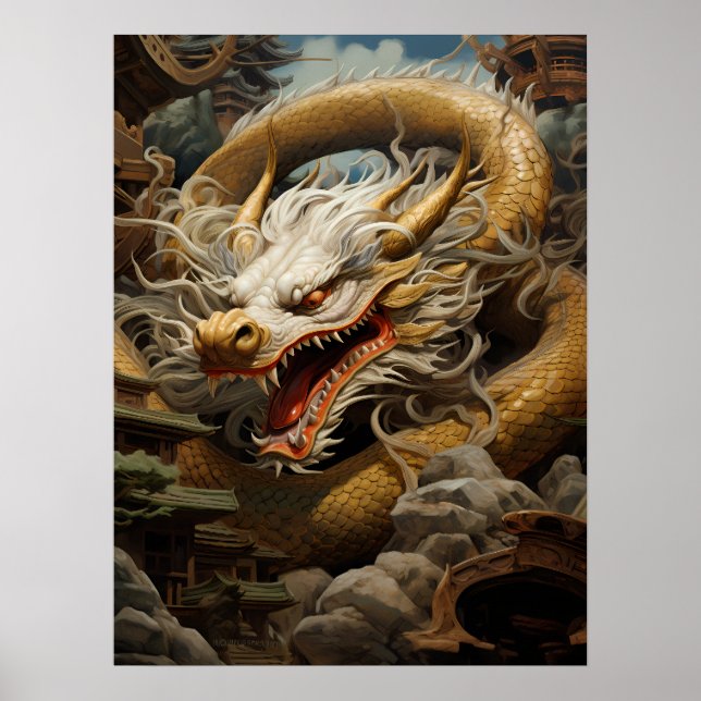 Poster Illustration du dragon oriental jaune et blanc Imp (Devant)