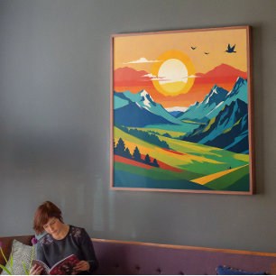 Poster Illustration du paysage de la montagne Retro