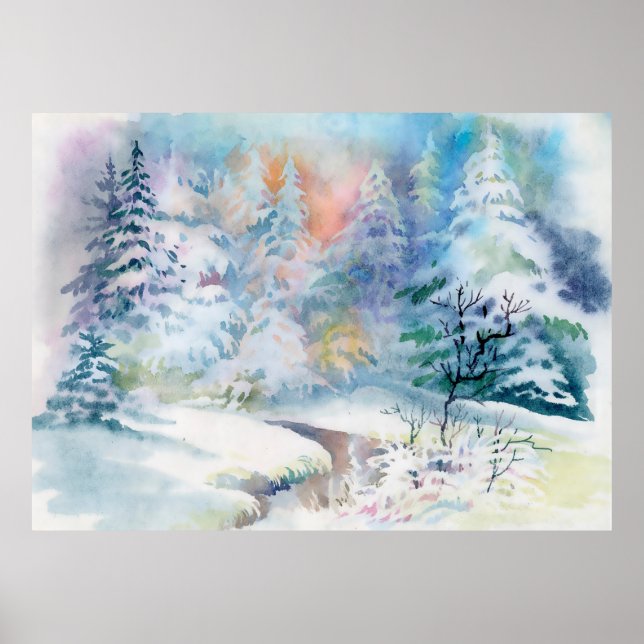 Poster Illustration du paysage d'hiver de l'aquarelle (Devant)