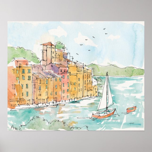 Poster Illustration du port de Porofino avec voilier (Devant)