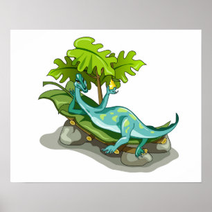 Poster Illustration D'Un Bain De Soleil Iguanodon.