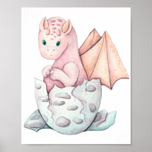 Poster Illustration d'un bébé dragon rose qui éclot