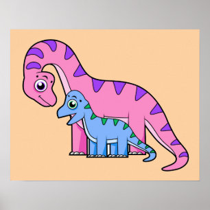 Poster Illustration D'Un Brachiosaurus Mère Et Enfant.
