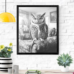 Poster Illustration d'un hibou noir et blanc sur un faute