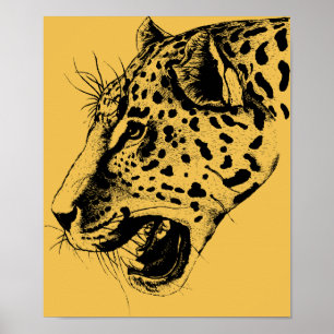 Poster Illustration d'un léopard tiré à la main noir et j