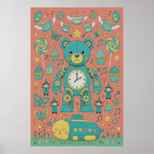 Poster Illustration d'un ours en peluche occupé mignon