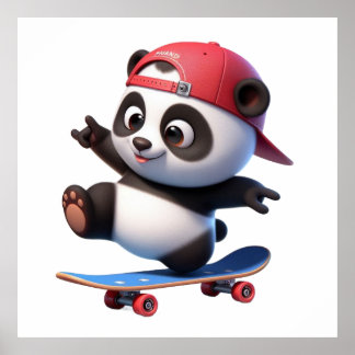 Poster Illustration d'un panda faisant du skateboard mign
