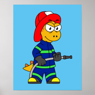 Poster Illustration D'Un Pompier Tyrannosaurus Rex.