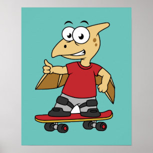 Poster Illustration D'Un Skateboard De Ptérosaure.