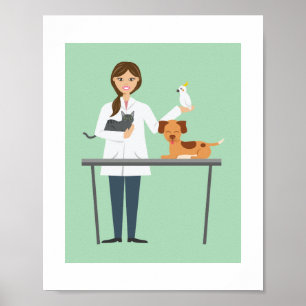 Poster Illustration d'une femme vétérinaire avec des anim