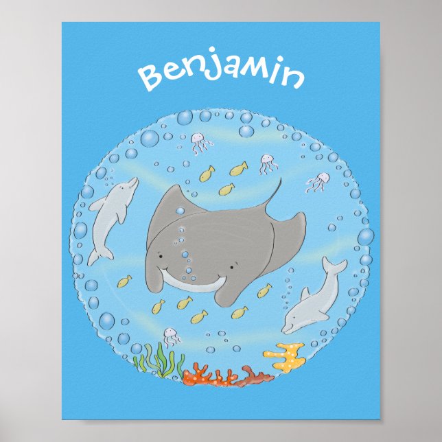 Poster Illustration d'une mignonne raie manta et de bulle (Devant)
