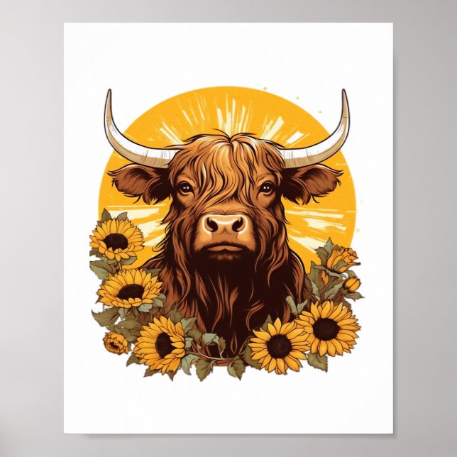 Poster Illustration d'une vache des Highlands avec Sunflo (Devant)