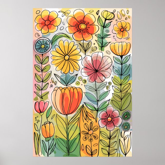 Poster Illustration florale Abstraite aquarelle tirée à l (Devant)