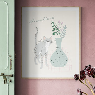 Poster Illustration florale sarcelle de chat gris élégant